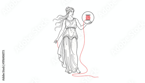 Mythological Woman with Thread Spool, Ancient Greek Goddess, Symbol of Fate and Creation