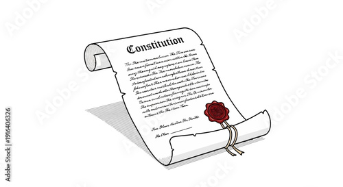 Old Parchment Scroll with Constitution Text and Red Wax Seal, Legal Document