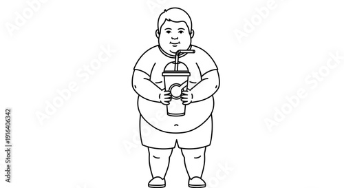 Obese boy holding a large sugary drink, unhealthy lifestyle concept