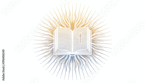 Open Bible with Cross and Radiant Light Rays, Symbol of Faith and Spirituality