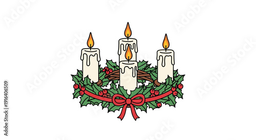 Advent Wreath with Four Candles and Holly Berries, Christmas Decoration