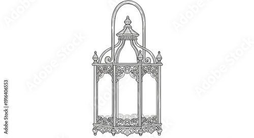 Ornate Victorian Lantern Sketch - Antique Decorative Hanging Light Fixture