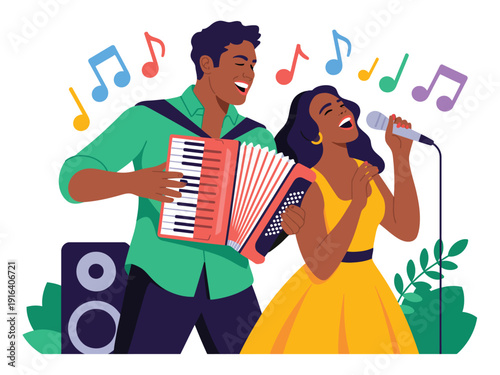 Musicians perform vibrant live entertainment with a man playing accordion and a woman singing.
