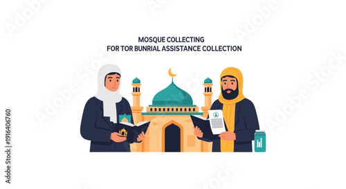 Two Muslim men standing in front of a mosque, collecting donations for burial assistance with a serious expression.