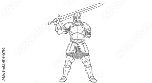 Medieval Knight Warrior in Full Armor Holding a Sword, Ready for Battle