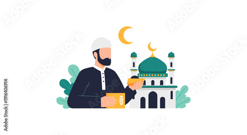 Illustration of a bearded Muslim man in traditional attire reading the Quran beside a mosque under a crescent moon, symbolizing spirituality and faith.