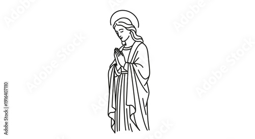 Line Art Illustration of Virgin Mary Praying with Halo, Religious Iconography
