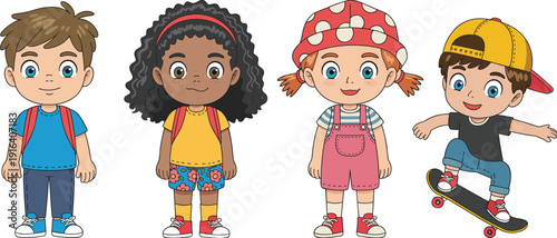 Cute diverse kids cartoon character set, multicultural children illustrations with school backpacks and skateboarding boy vector art