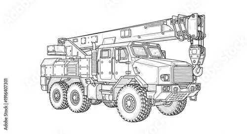 Heavy Duty Crane Truck Line Art Drawing, Industrial Vehicle Illustration