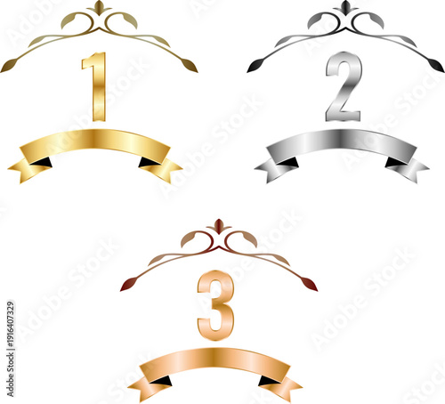 ゴールド・シルバー・ブロンズの順位数字付き高級装飾リボンフレームセット｜1位・2位・3位を表現した表彰用クラシックデザイン素材（ランキング・大会・アワード向け）