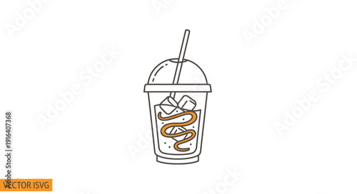Iced Coffee Drink with Caramel Swirl and Ice Cubes in a Clear Plastic Cup with Straw
