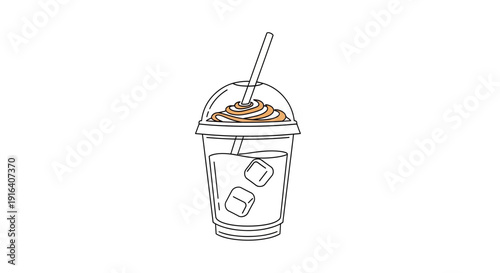 Iced Coffee Drink with Whipped Cream and Straw in a Clear Plastic Cup, Line Art Illustration