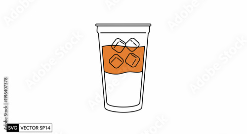 Iced Coffee Drink in a Plastic Cup with Ice Cubes - Simple Line Art Illustration