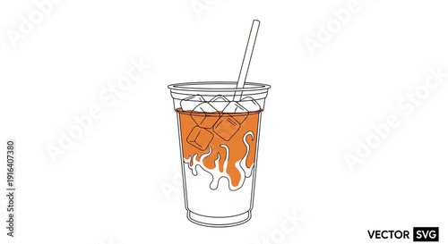 Iced Coffee Drink with Orange Syrup Drizzle in Clear Plastic Cup with Straw