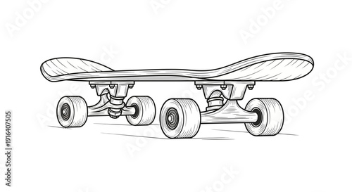 Hand Drawn Sketch of a Skateboard, Vintage Style, Isolated on White Background