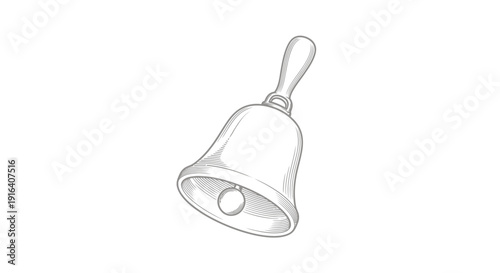Hand Drawn Sketch of a Vintage Bell with Wooden Handle on White Background