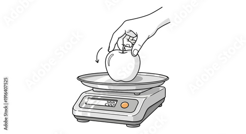 Hand placing apple on digital scale, measuring weight, healthy food concept