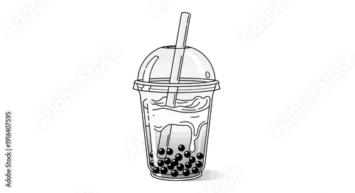 Hand-drawn Bubble Tea Illustration: Refreshing Drink with Tapioca Pearls and Straw
