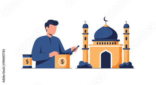 Illustration of a man in blue attire using a smartphone beside money boxes and a mosque, symbolizing Islamic banking and finance.