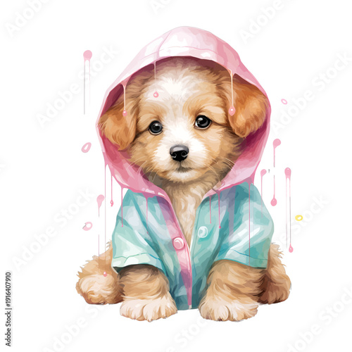 Watercolor Cute Puppy in Pink Raincoat, Hand-Painted Little Dog in Wet Weather Gear isolated on White Background