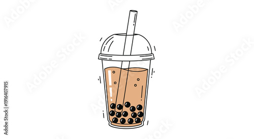 Hand Drawn Bubble Tea Icon with Tapioca Pearls and Straw