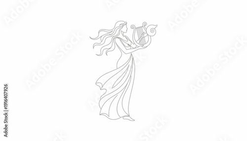 Elegant Woman Playing Lyre, Ancient Greek Muse, Line Art Illustration