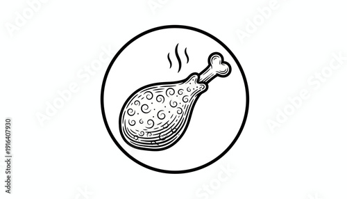 Hand Drawn Fried Chicken Leg Icon with Steam, Isolated on White Background