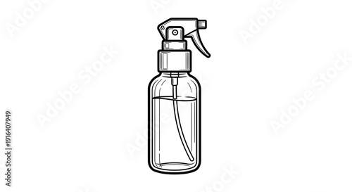 Hand drawn illustration of a clear spray bottle with liquid and trigger sprayer, isolated on white background.