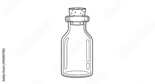 Empty Glass Bottle with Cork Stopper, Outline Drawing, Isolated on White Background