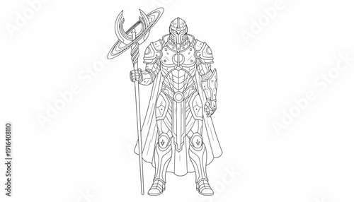Fantasy Warrior Knight with Staff, Armor, Cape, and Helmet - Line Art