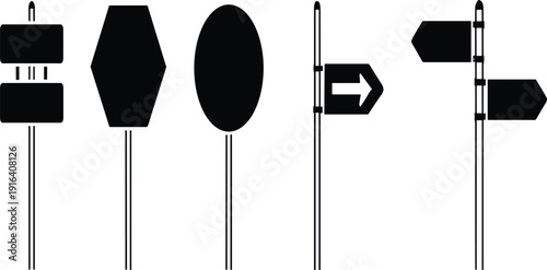 Blank Road Sign Silhouette Set with Direction Arrow, Traffic Signboard and Street Information Symbols for Navigation and Transport Design Projects
