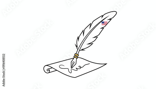 Feather Quill Pen with US Flag Writing on Parchment Paper