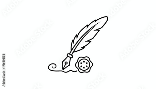 Feather Quill Pen and Wax Seal Stamp Icon - Vintage Writing and Official Document Symbol