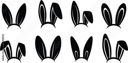 Collection of Various Rabbit and Bunny Ear Silhouettes in Different Poses and Shapes for Easter Photo Booth Props, Headband Designs, and Minimalist Animal Icons