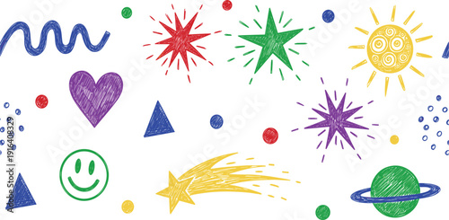 Colorful Hand Drawn Doodle Vector Set Featuring Vibrant Crayon Style Stars, Hearts, Sun, Planet, Smiley Face, and Geometric Shapes for Creative Kids Projects