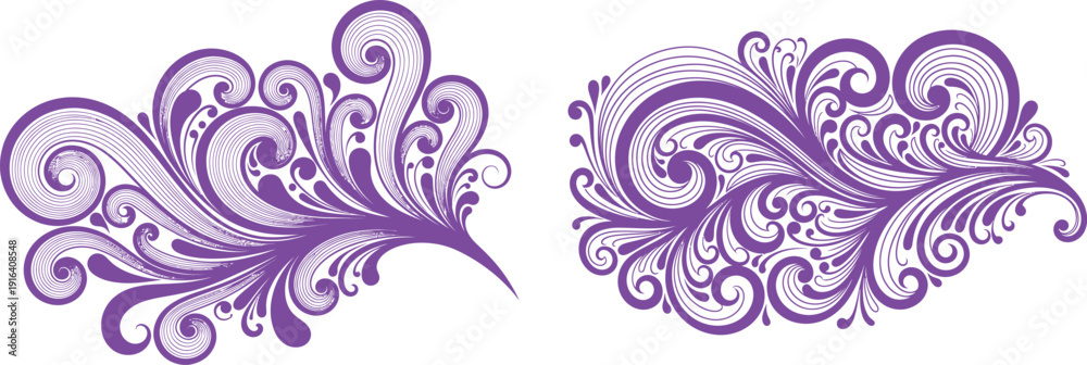 Fototapeta premium Two flowing ornamental flourishes with intricate swirling lines and leaf like details for design embellishments