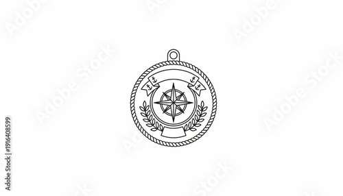 Compass Rose Emblem with Laurel Wreath and Ribbon, Nautical Symbol