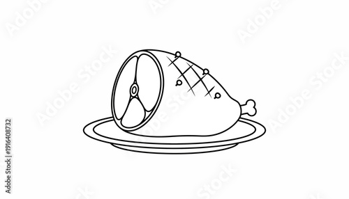 Cooked Ham on a Plate, Line Art Illustration