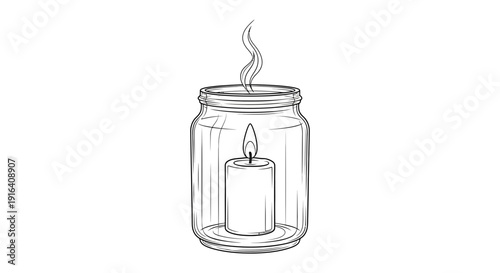 Candle in a Jar Lantern with Smoke Rising - Hand Drawn Sketch Style