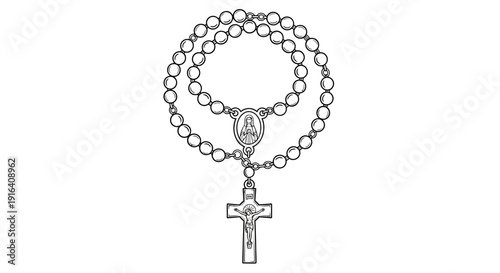 Catholic Rosary Beads with Crucifix and Miraculous Medal - Black and White Sketch