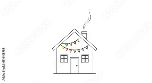 Charming Hand-Drawn House with Bunting and Smoke from Chimney
