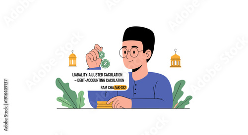 A cartoon man is counting money with a laptop in front of him, surrounded by lanterns, symbolizing financial success and prosperity.