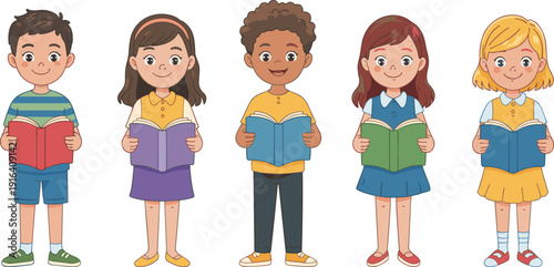 Cute cartoon children reading books together, happy boys and girls studying, colorful kids education vector illustration isolated