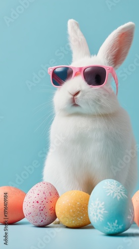 Cool Easter Bunny with Pastel Eggs. Easter Bunny's Playful Easter: A whimsical and joyous Easter bunny sports sunglasses, colorful eggs amidst a vibrant and fresh setting
