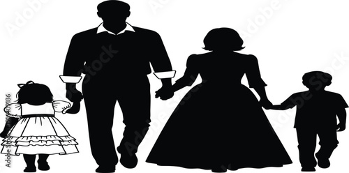 Happy Family Walking Together Silhouette with Mother, Father, Son, and Daughter Holding Hands for Parenting, Childhood, and Domestic Life Concept Illustrations
