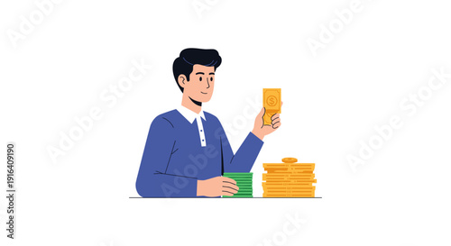 Illustration of a man in blue shirt holding a gold bar with stacks of gold coins on table, symbolizing wealth and financial success.