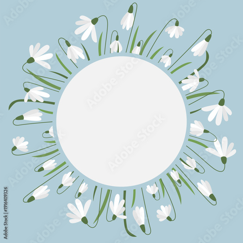 Round frame of snowdrops with copy space. Spring floral blank template to fill. Circular shape of first flowers. Vector graphics