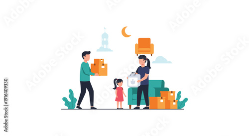 A cartoon family moving into a new home with furniture and boxes under the night sky.