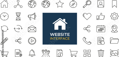 Modern Website Interface Icon Collection with Minimalist Outline Line Art Symbols for Business Portfolios, Social Media, Online Stores, Navigation, and Creative Web Application Development