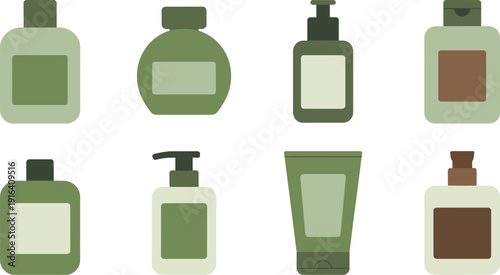 A collection of various cosmetic and personal care product containers displayed in muted green and brown tones high-quality professional detailed